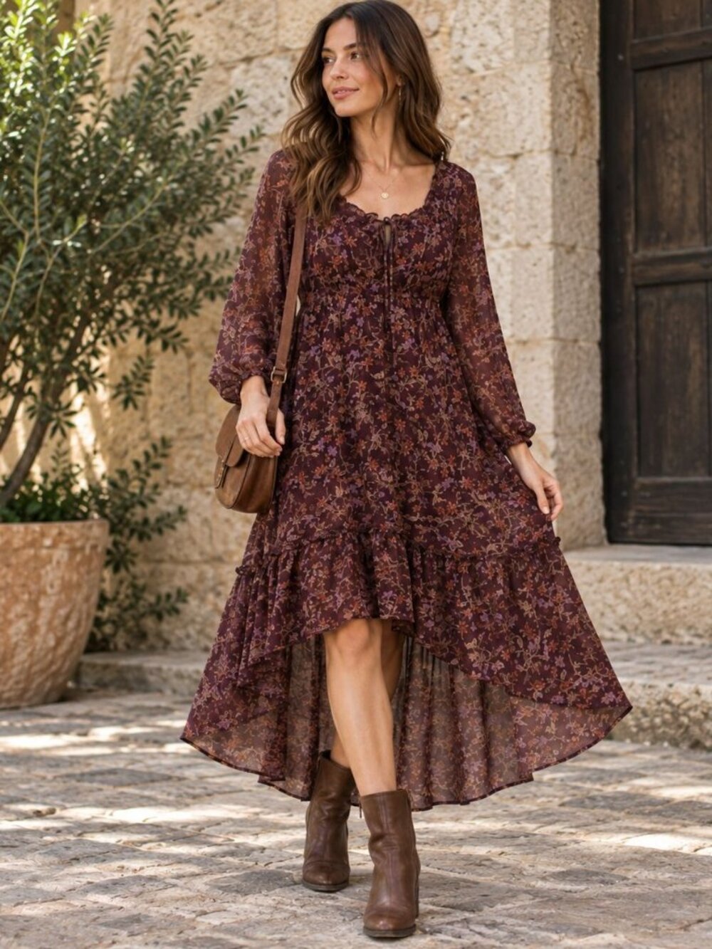 Wild Moss Burgundy Floral Hi-Low Maxi Dress Boho Tiered Sheer Sleeve M Fairycore
